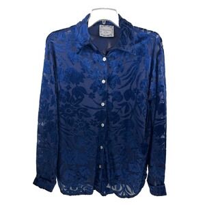Dressing Clio Women's Top Size S Navy Blue Velvet Burnout VTG NWT Button Up 21"